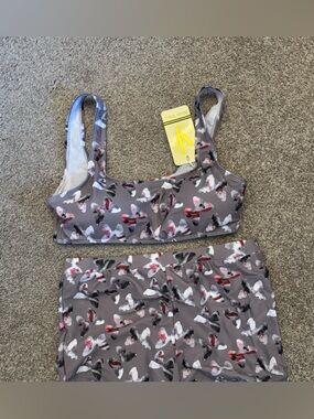 NWT Joan Vass Gray and Pink Confetti Two-Piece Swimsuit Boy Shorts
